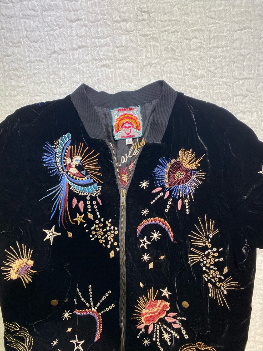 Johnny Was Embroidered Velvet Silk Blend Bomber Jacket M J45321 - Picture 3 of 8
